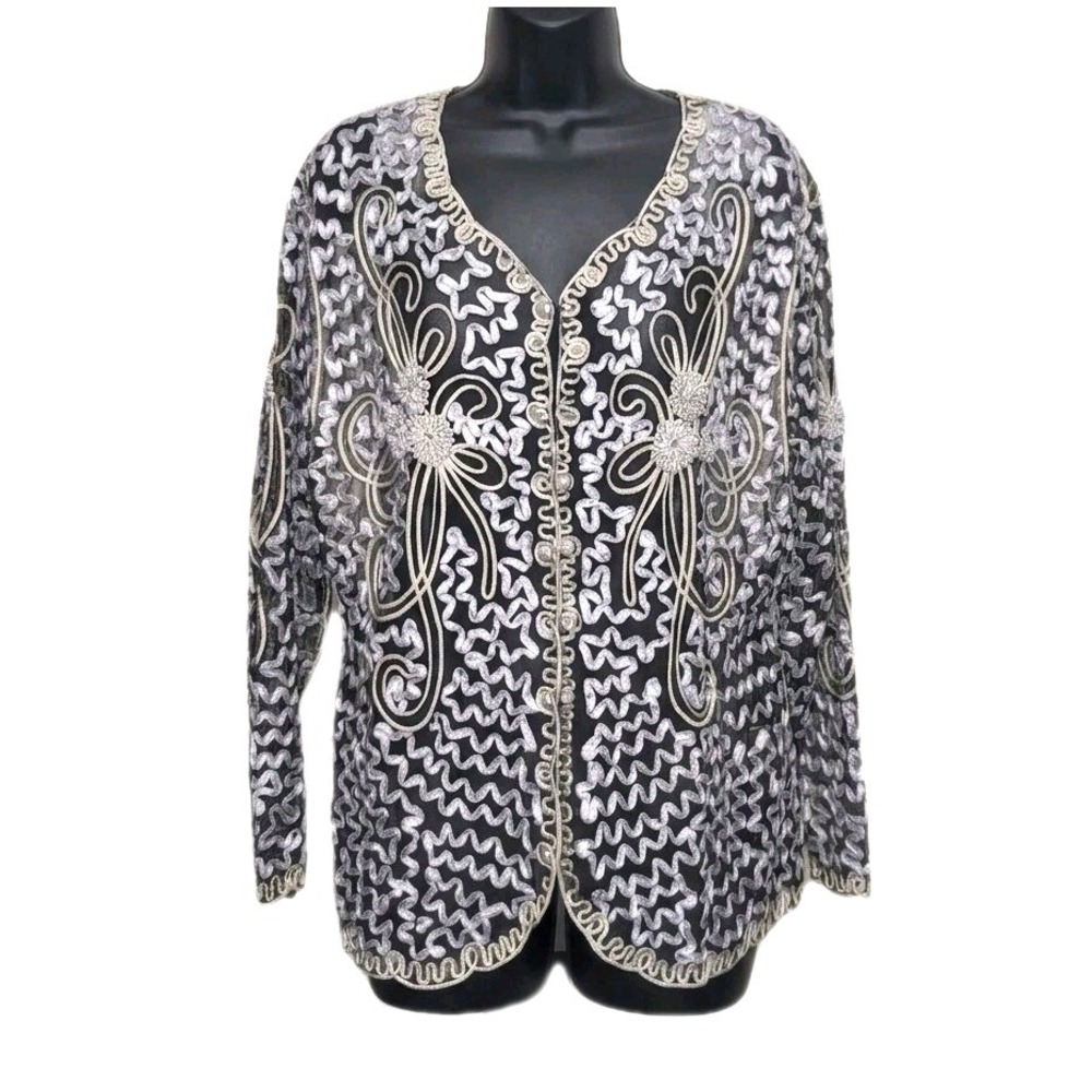 Vtg Black Sheer Mesh Cardigan Jacket L/XL (Estimate) Silver Ribbon Embroidery